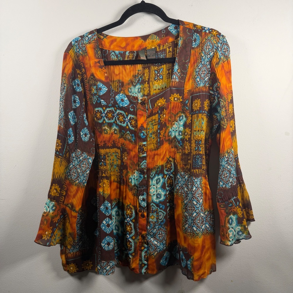 Serenade New York Pleated Blouse Womens XL Orange Brown Boho Y2K Bell Sleeve